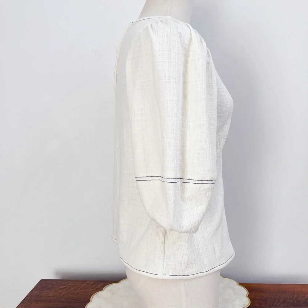 Anthropologie White 3/4 Puff Sleeve Light Cotton Blend Top Blouse Sz XS